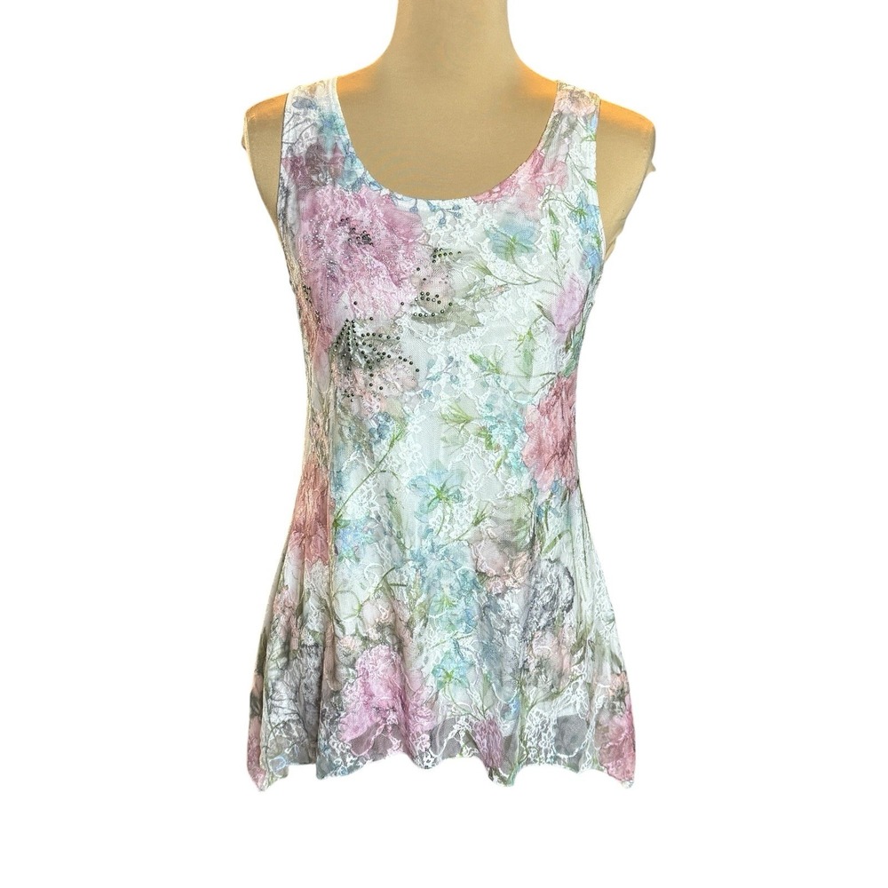 Vtg Y2K Lace Top Sz S Fairy Pastel Embellished Shark Bite Hem Cottagecore